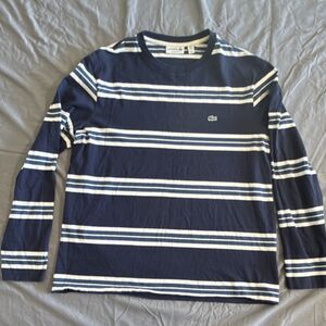 Lacoste Navy White Striped Logo Long Sleeve T-Shirt Men's XL Cotton Crew Neck